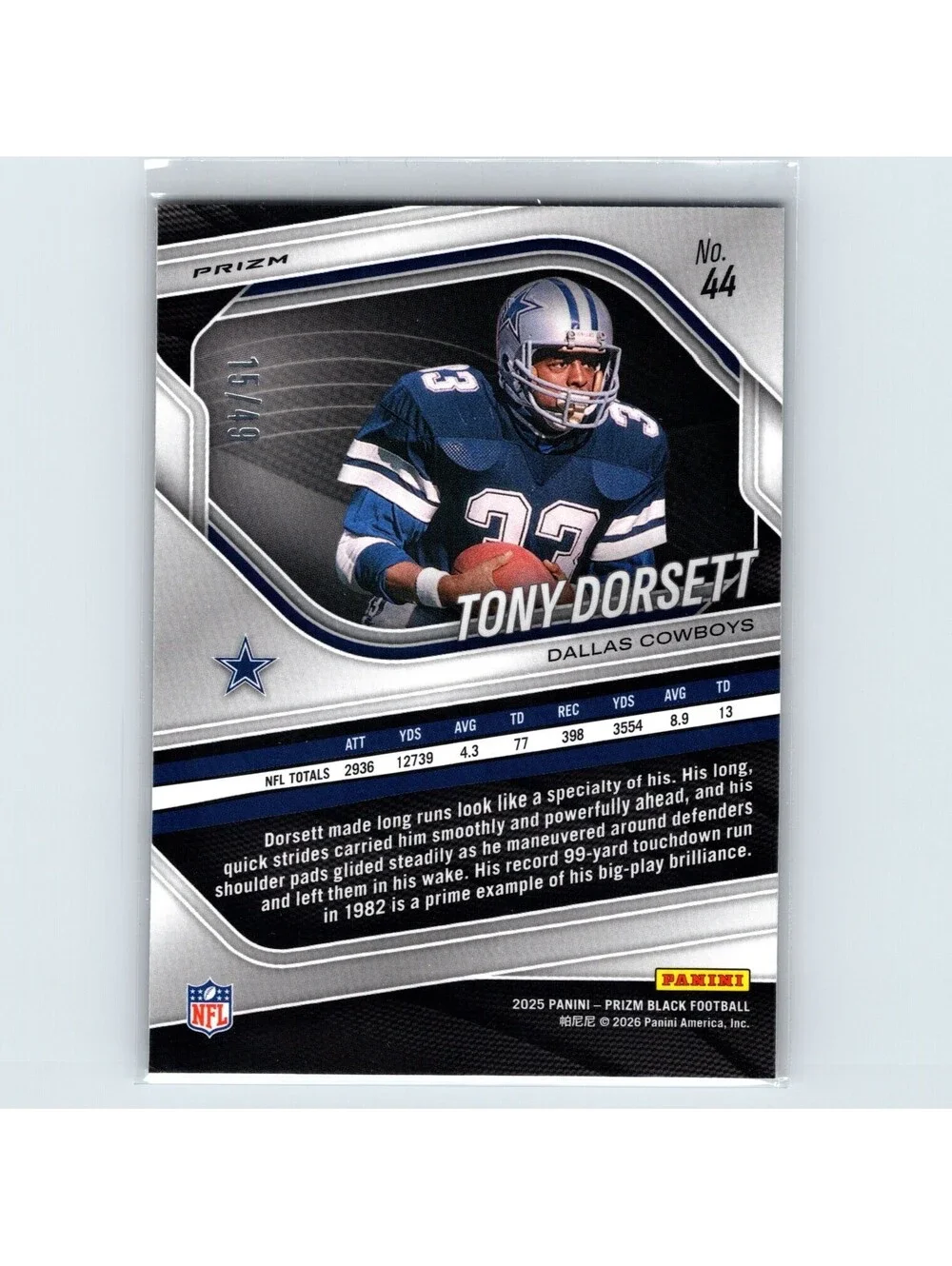 2025 Panini Prizm Black Tony Dorsett #44 Prizms Orange #/49 Dallas Cowboys